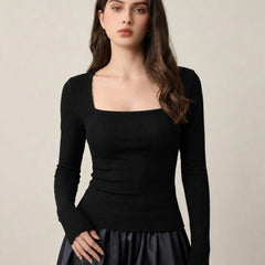 Black ribbed square neck top model view 3