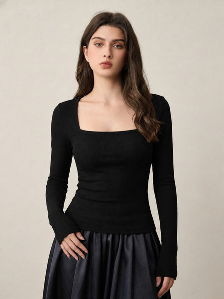Black ribbed square neck top model view 3