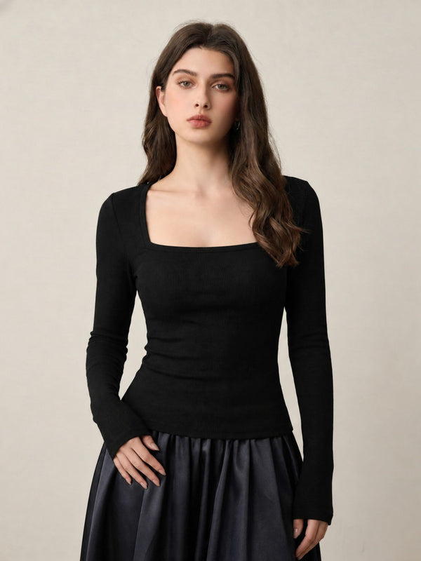 Black ribbed square neck top model view 3
