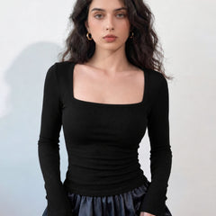 Black ribbed square neck top model view 4