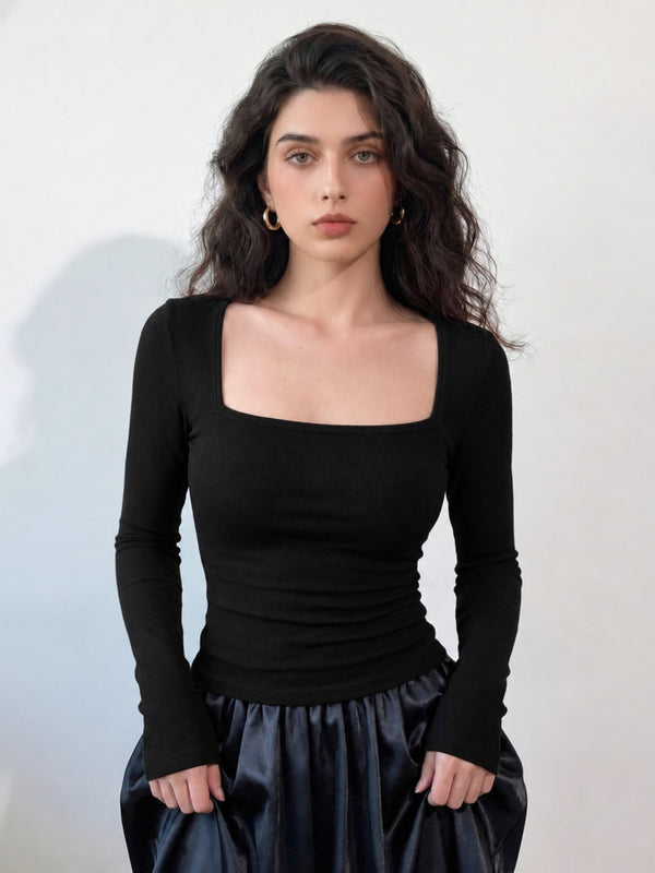 Black ribbed square neck top model view 4