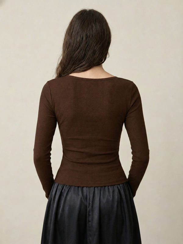 Brown ribbed square neck top back view