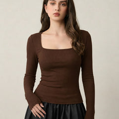Brown ribbed square neck top front view