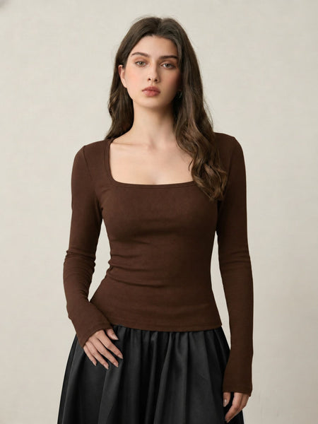 Brown ribbed square neck top front view