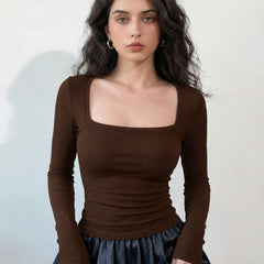 Brown ribbed square neck top model view 3