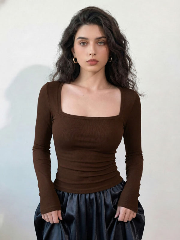 Brown ribbed square neck top model view 3
