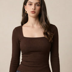 Brown ribbed square neck top model view 4