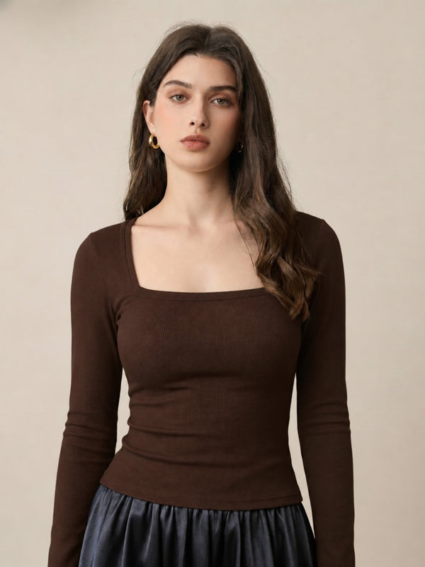 Brown ribbed square neck top model view 4