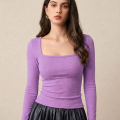 Lavender ribbed square neck top front view