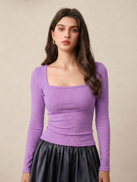 Lavender ribbed square neck top front view