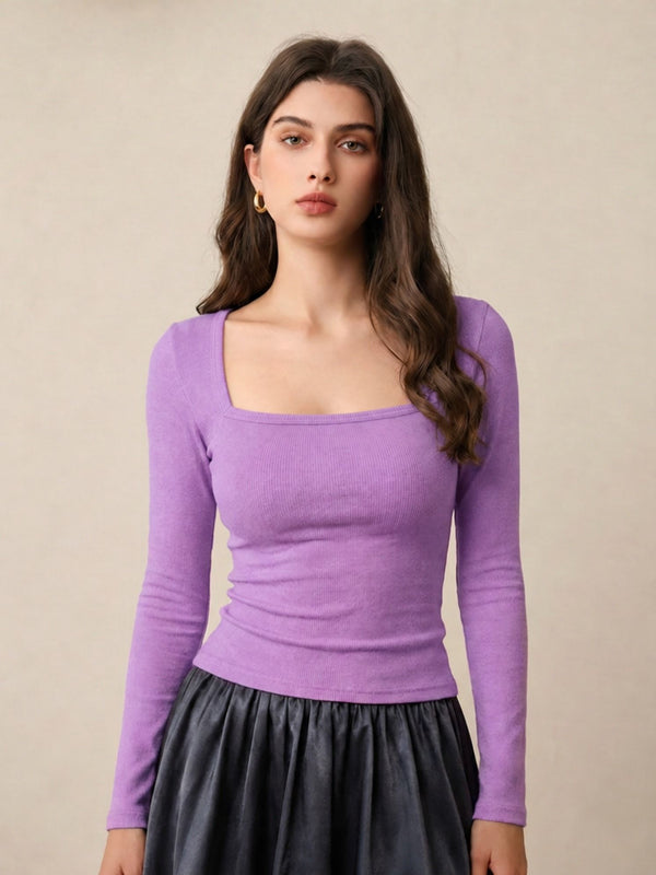 Lavender ribbed square neck top front view