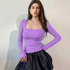 Lavender ribbed square neck top model view 4