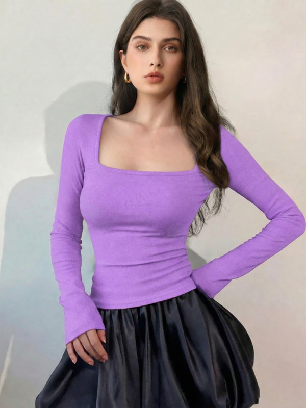 Lavender ribbed square neck top model view 4