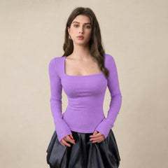 Lavender ribbed square neck top model view 5