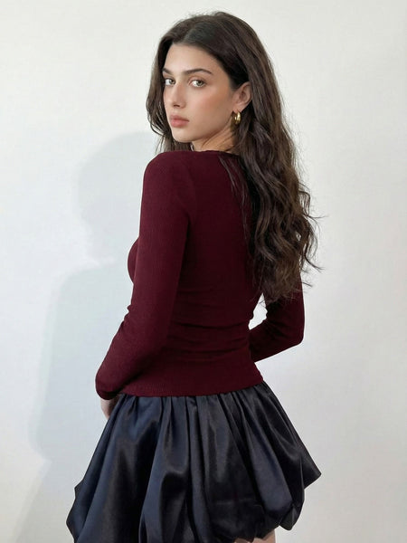 Maroon ribbed square neck top back view