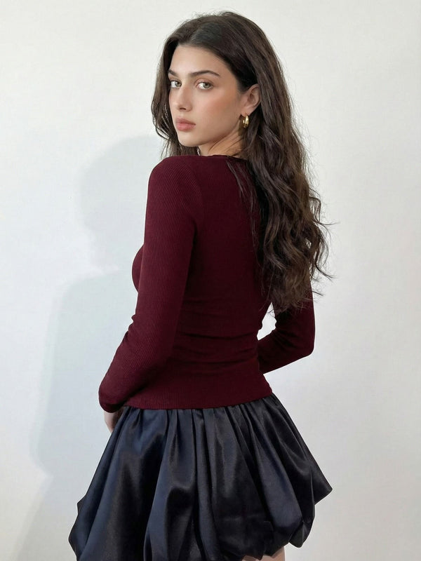 Maroon ribbed square neck top back view