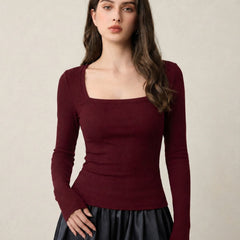 Maroon ribbed square neck top front view