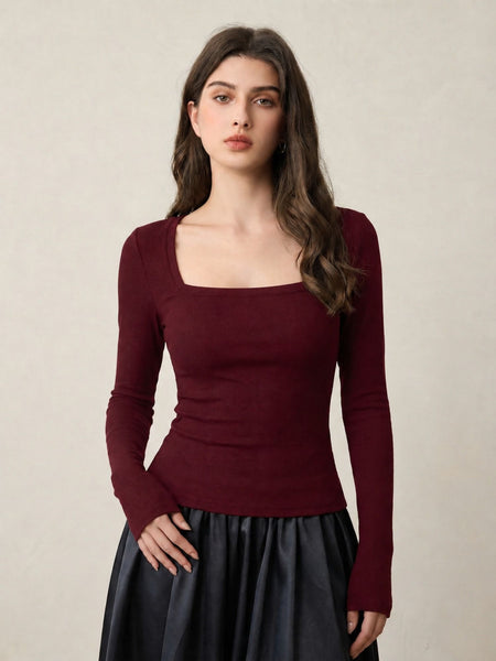 Maroon ribbed square neck top front view