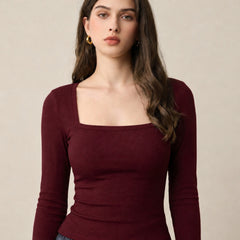 Maroon ribbed square neck top model view 3
