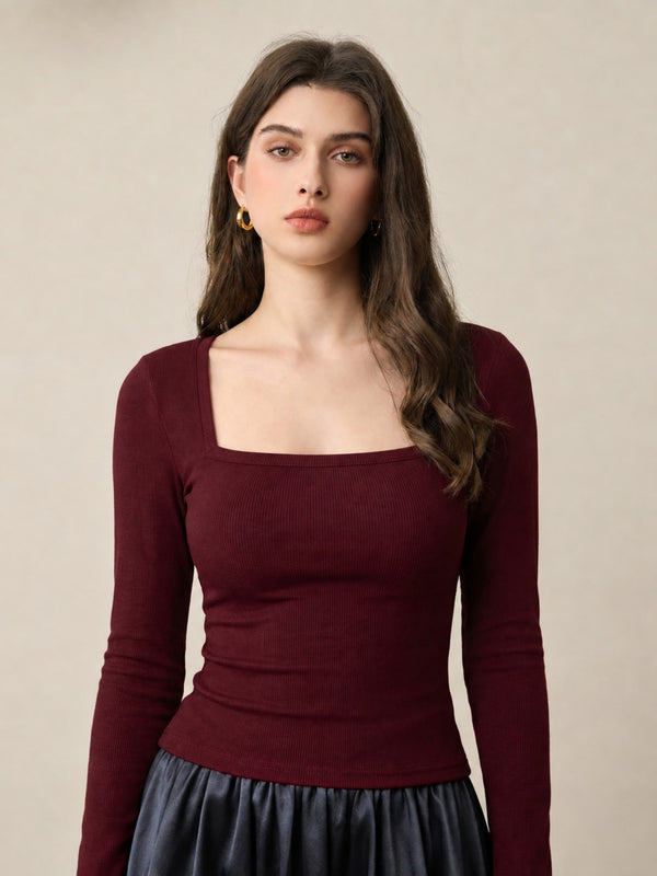 Maroon ribbed square neck top model view 3