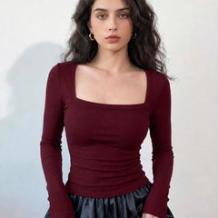 Maroon ribbed square neck top model view 4