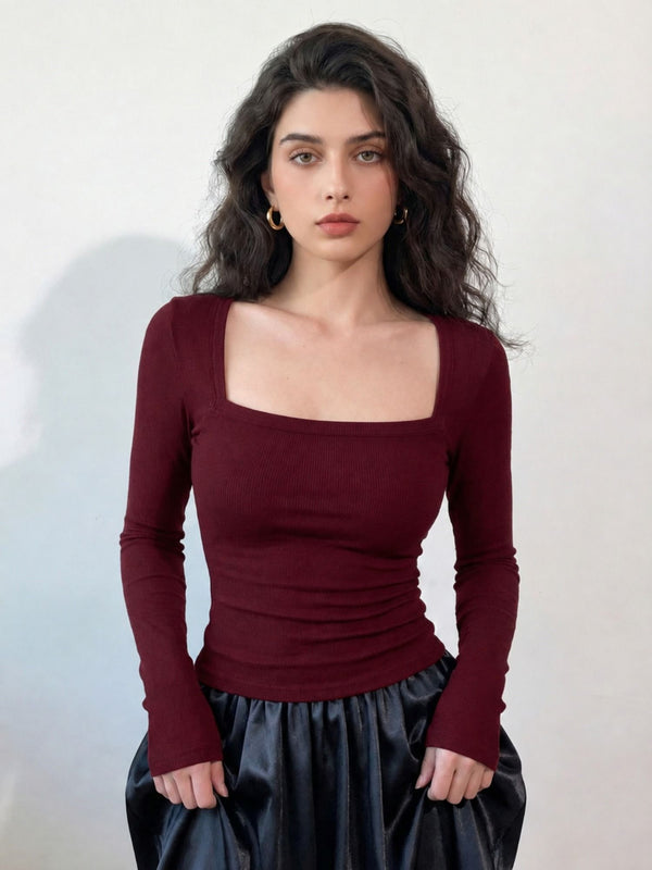 Maroon ribbed square neck top model view 4