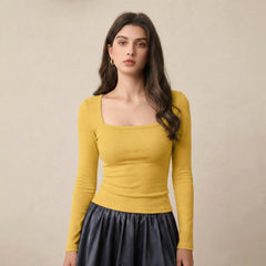 Mustard ribbed square neck top front view
