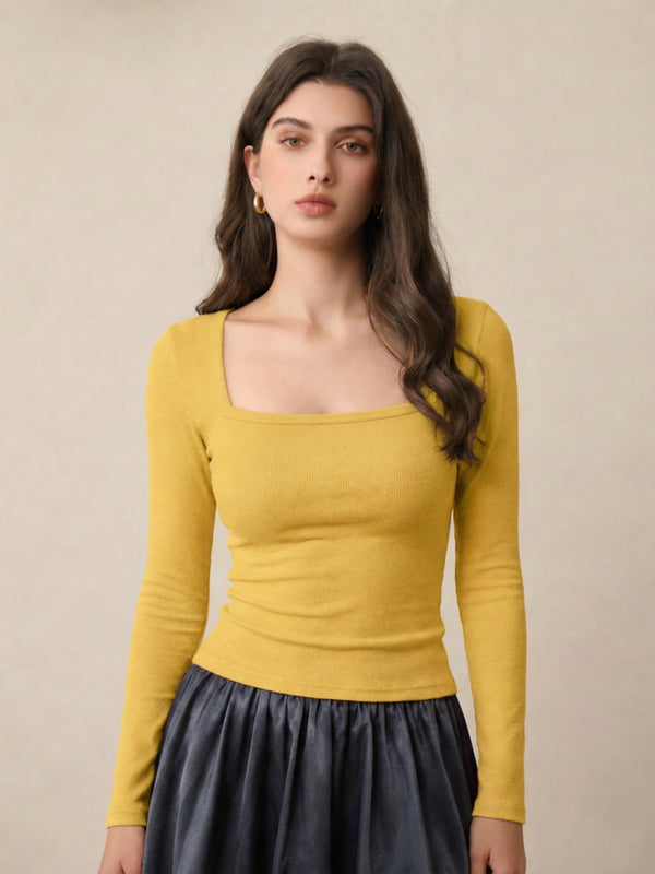 Mustard ribbed square neck top front view