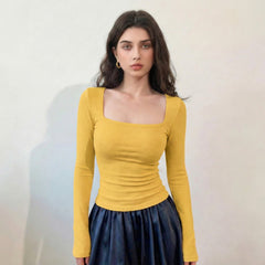 Mustard ribbed square neck top model view 3