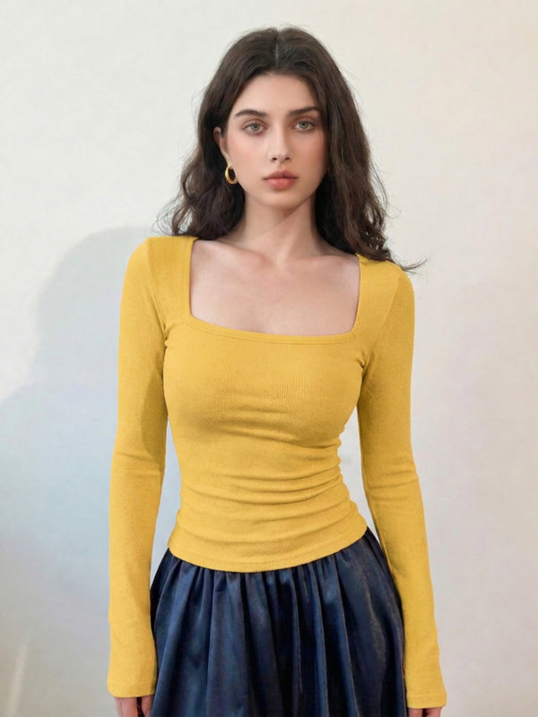 Mustard ribbed square neck top model view 3