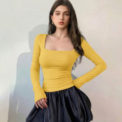 Mustard ribbed square neck top model view 4