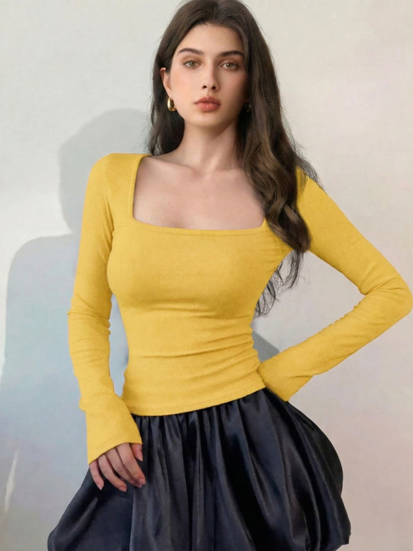 Mustard ribbed square neck top model view 4