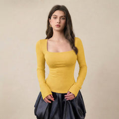 Mustard ribbed square neck top model view 5