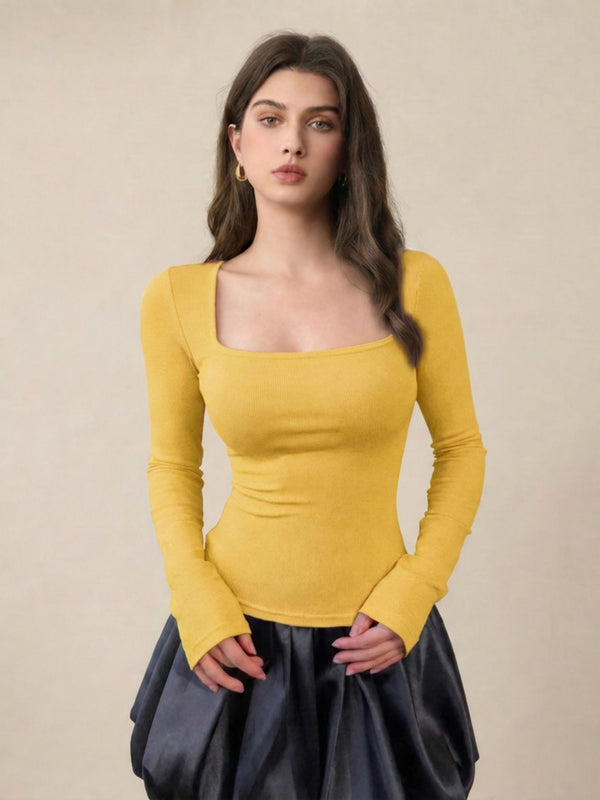 Mustard ribbed square neck top model view 5