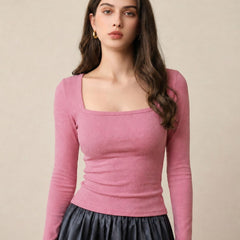 Pink ribbed square neck top front view