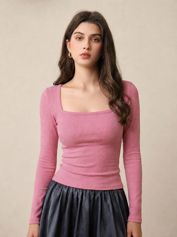 Pink ribbed square neck top front view