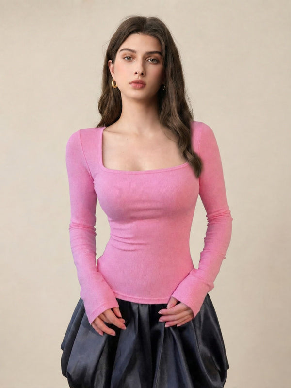 Pink ribbed square neck top model view 3