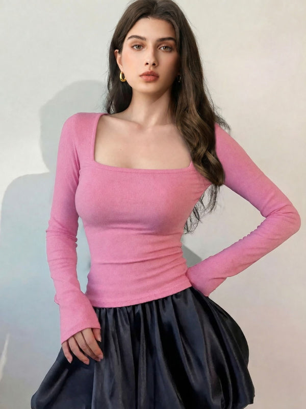 Pink ribbed square neck top model view 5