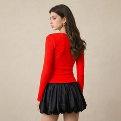 Red ribbed square neck top back view