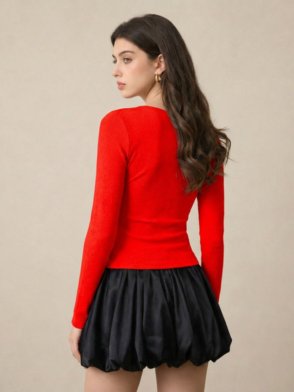 Red ribbed square neck top back view