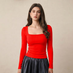 Red ribbed square neck top front view