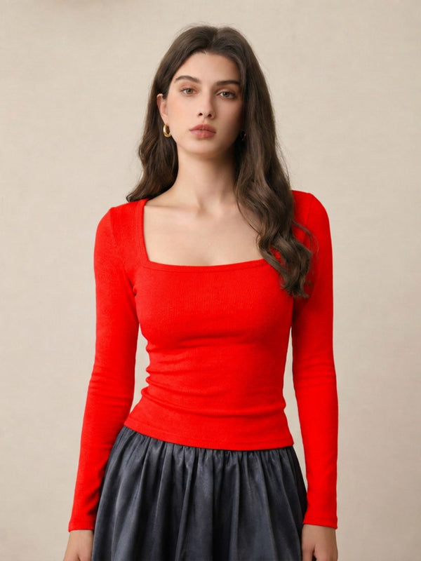 Red ribbed square neck top front view