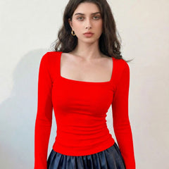 Red ribbed square neck top model view 3