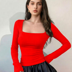 Red ribbed square neck top model view 4
