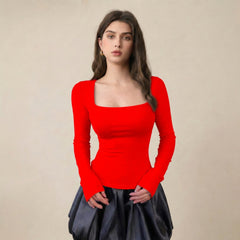 Red ribbed square neck top model view 5