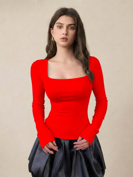 Red ribbed square neck top model view 5