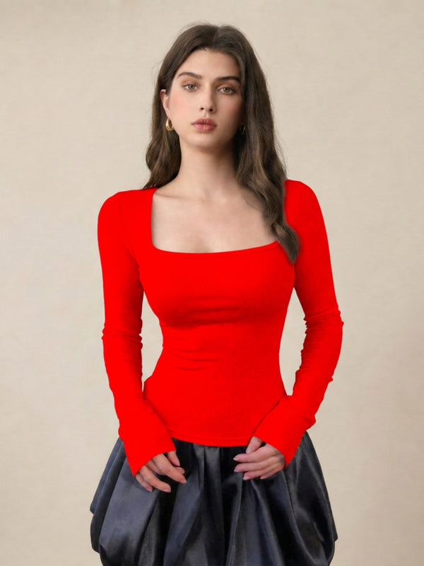 Red ribbed square neck top model view 5