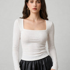 White ribbed square neck top front view