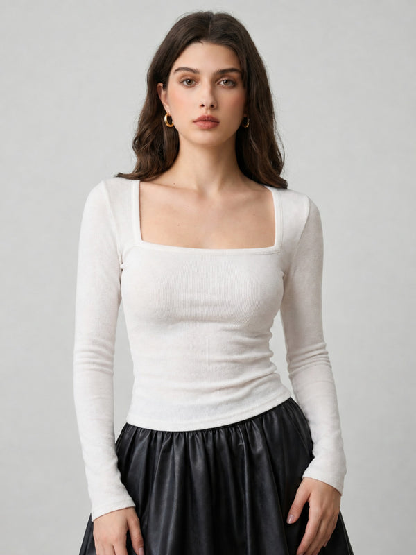 White ribbed square neck top front view