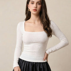 White ribbed square neck top model view 3